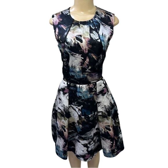 Nah Khanh abstract floral print mesh back fit flare Dress w pockets EUC sz 4 - Picture 4 of 12
